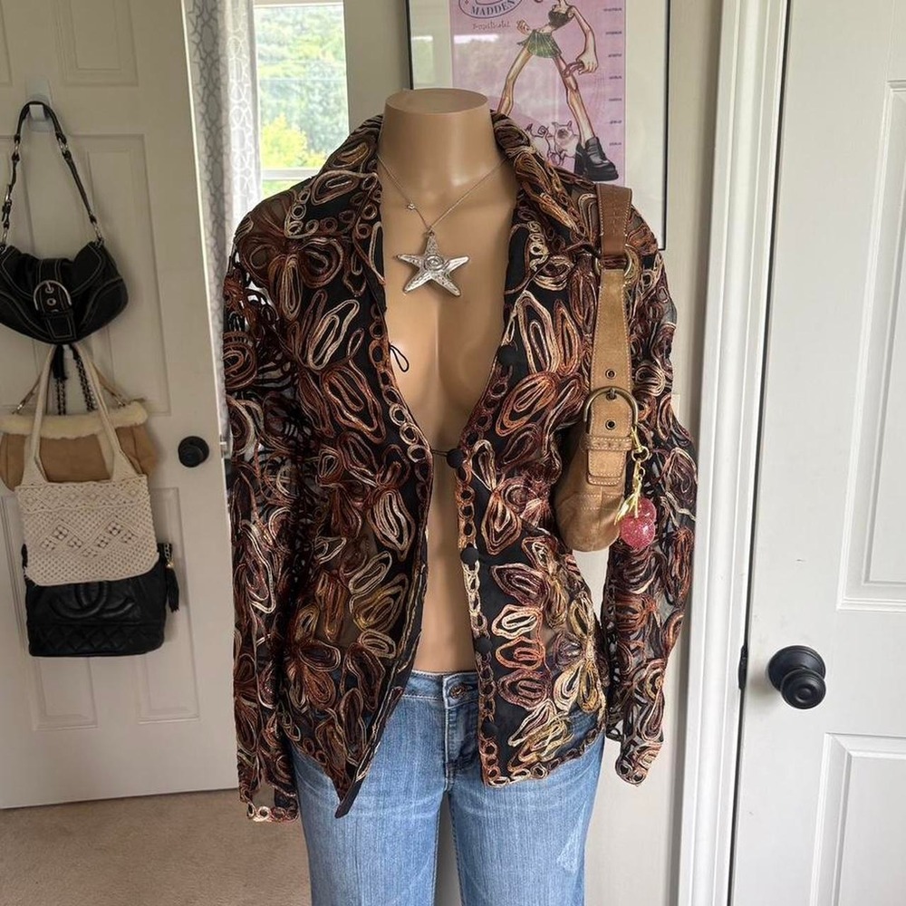 Y2K 2000s avant garde Embroidered Mesh button blouse
